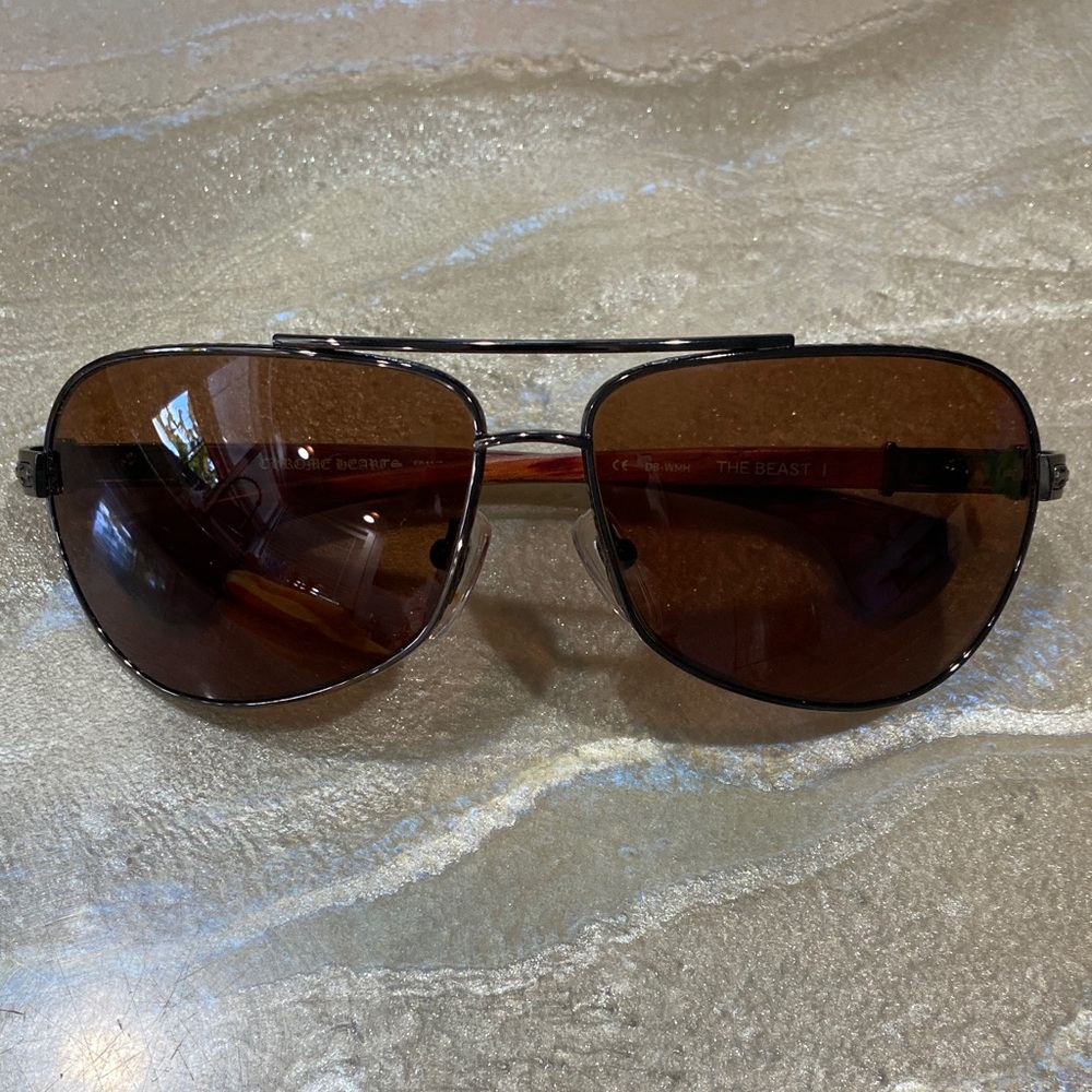 Chrome Hearts THE BEAST 1 Brown Aviator Sunglasses with Wood Temple / No Case